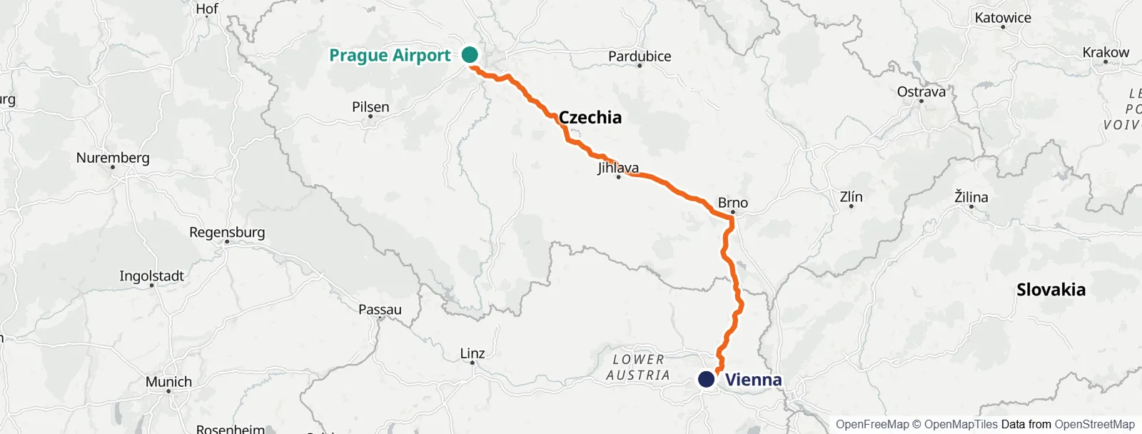 Mapa de la ruta: Prague Airport – Vienna