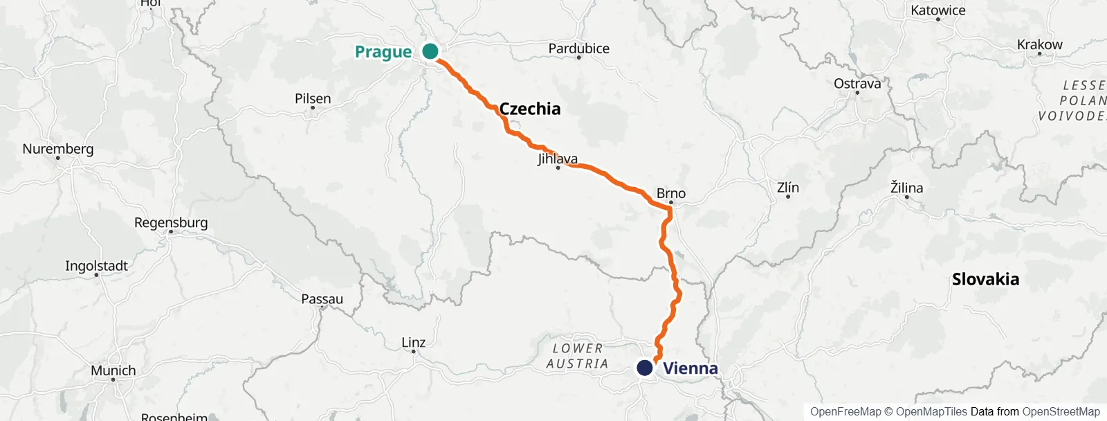 Mapa de la ruta: Prague – Vienna