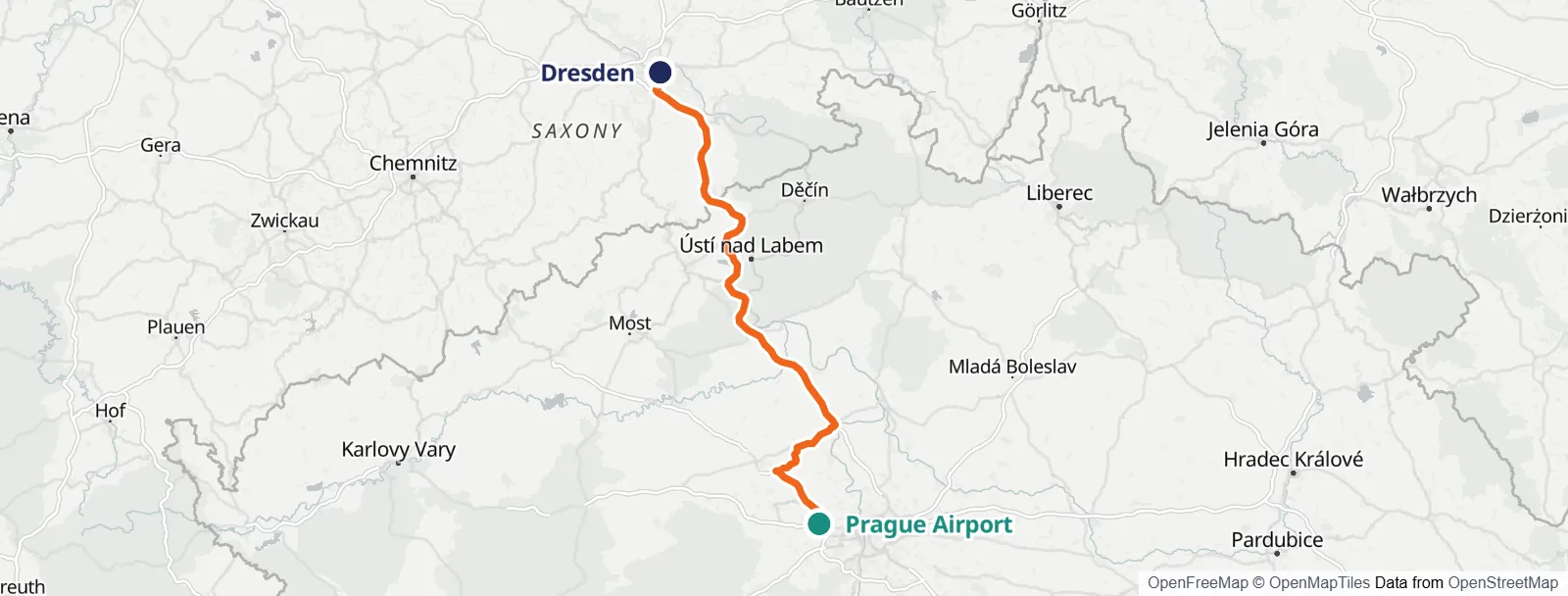 Mapa de la ruta: Prague Airport – Dresden