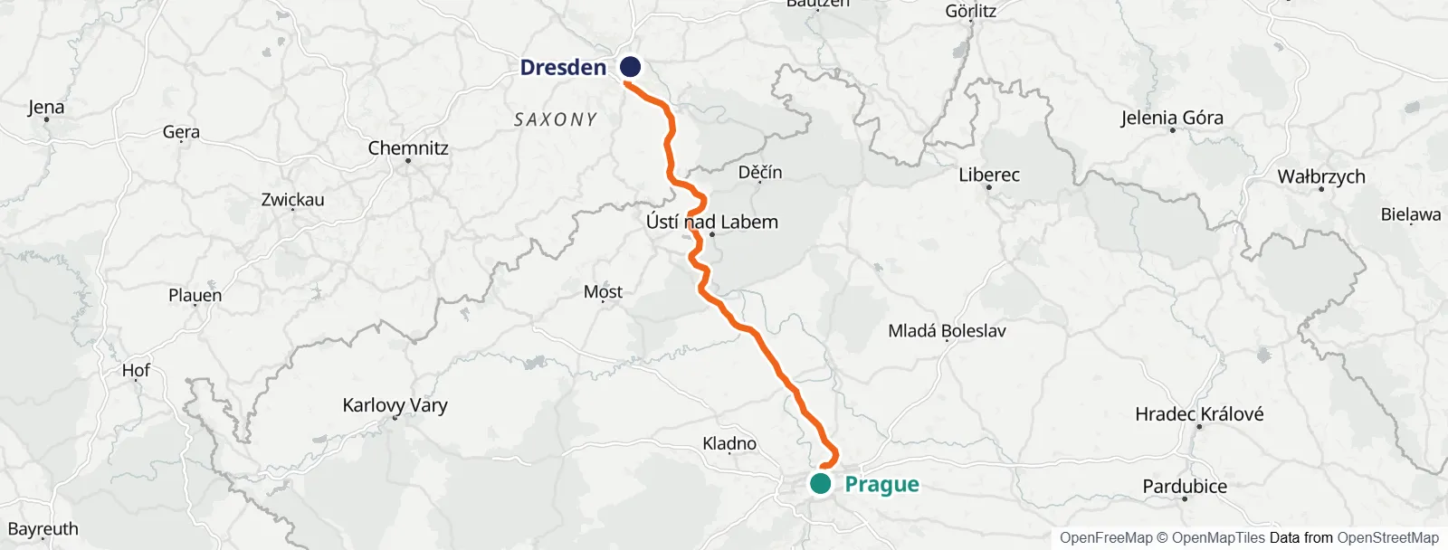 Mapa de la ruta: Prague – Dresden