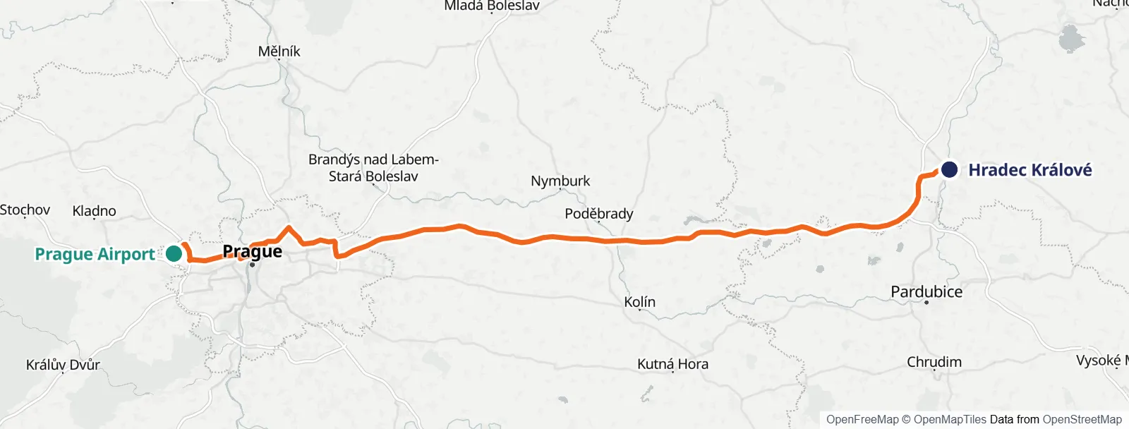 Mapa de la ruta: Prague Airport – Hradec Králové