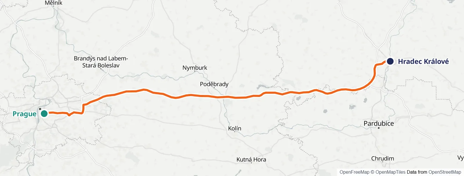 Mapa de la ruta: Prague – Hradec Králové