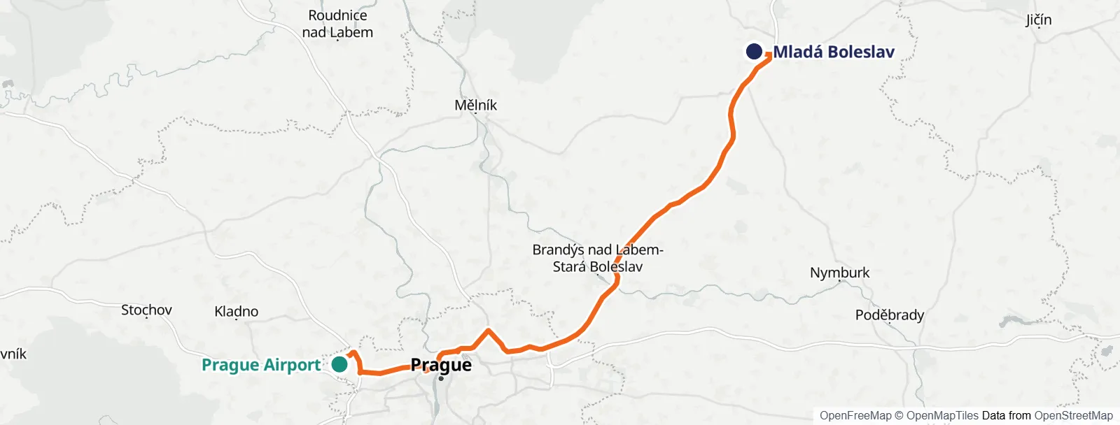 Mapa de la ruta: Prague Airport – Mladá Boleslav