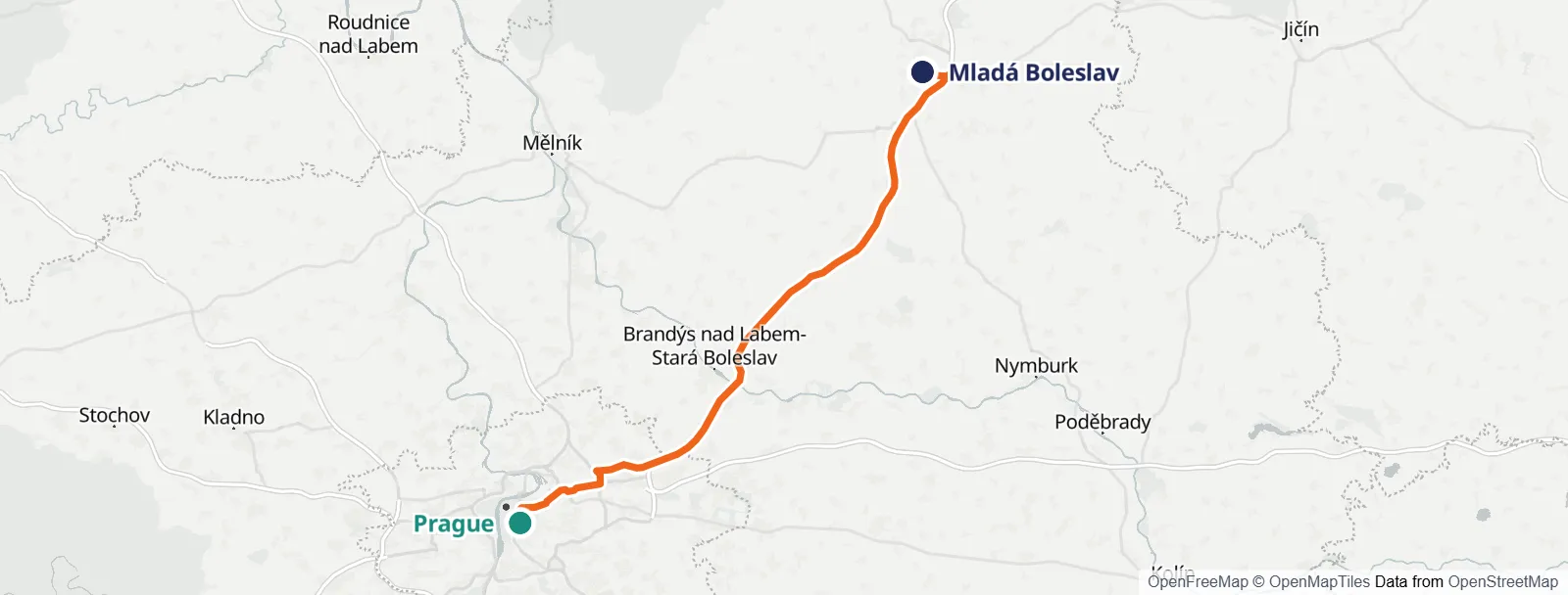 Mapa de la ruta: Prague – Mladá Boleslav