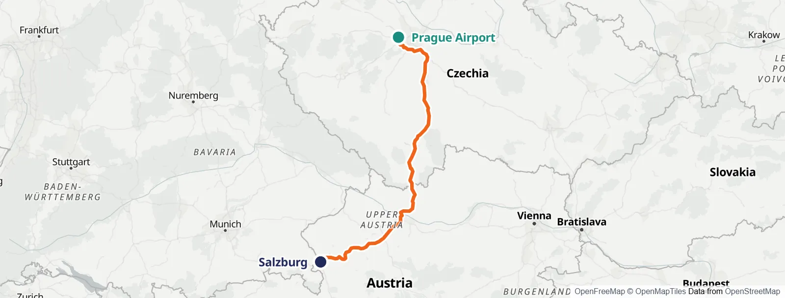 Mapa de la ruta: Prague Airport – Salzburg