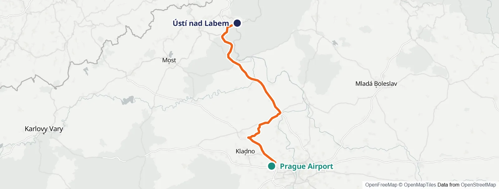 Mapa de la ruta: Prague Airport – Ústí nad Labem