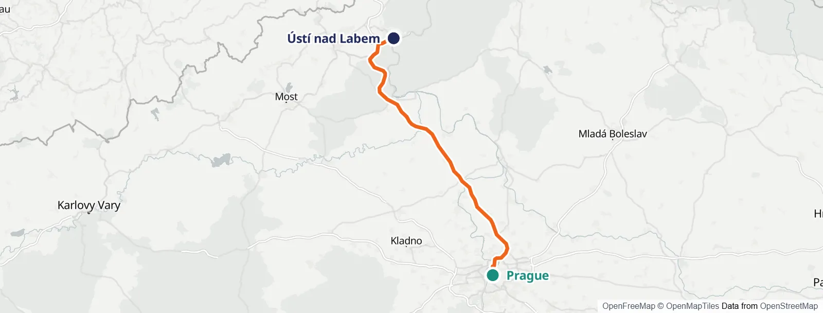 Mapa de la ruta: Prague – Ústí nad Labem